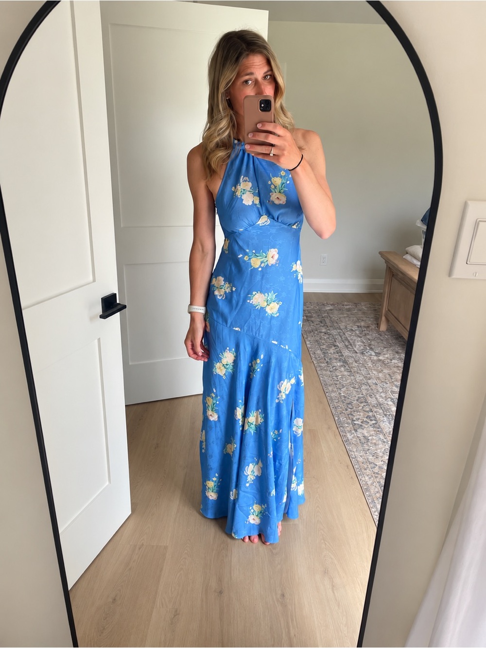 LoveShackFancy Blue Floral Halter Maxi Dress with Yellow Blossoms